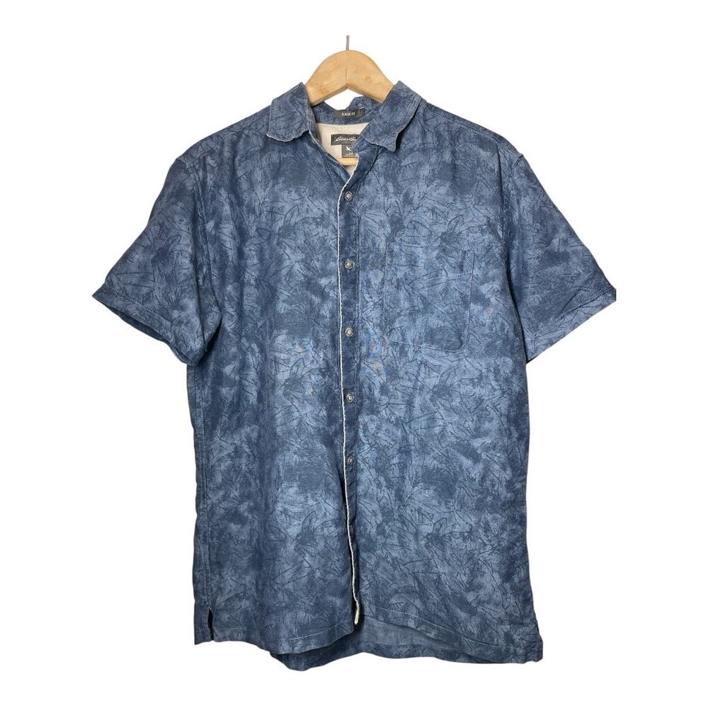Eddie Bauer Mens Hawaiian Shirt Linen Cotton Blend Blue Short Sleeve Size Medium